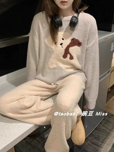 韩版 可爱小熊珊瑚绒甜美少女家居服 新款 网红加厚半边绒睡衣女冬季