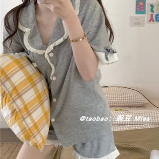 简约网红风少女家居服套装 韩版 短裤 甜美荷叶边纯色睡衣女夏季 短袖