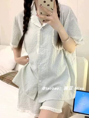 韩国ins简约格子短袖短裤睡衣女夏季新款甜美少女网红家居服套装-封面