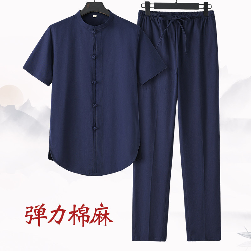 唐装弹力短袖套薄款盘扣中式棉麻