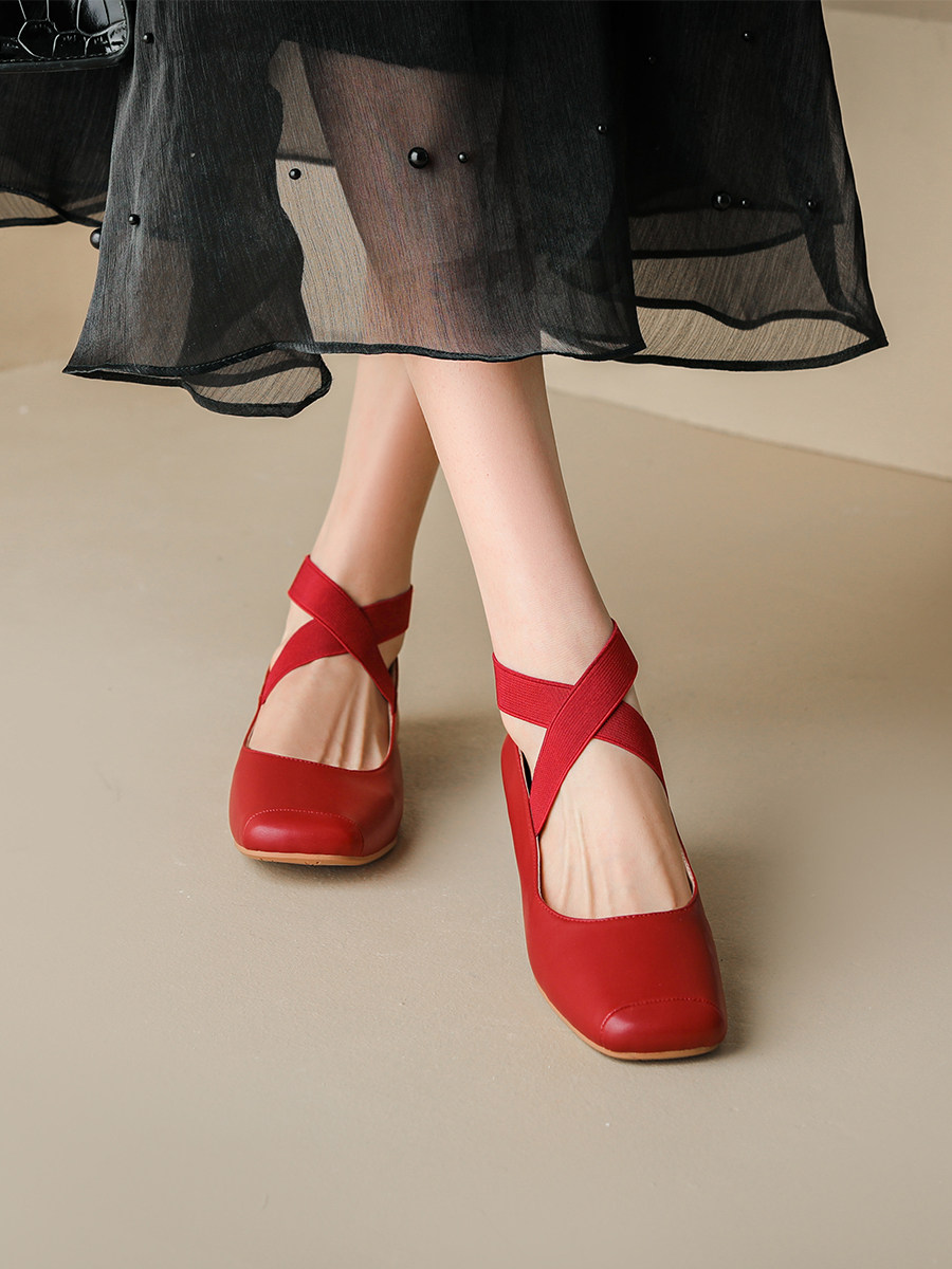 RED VINTAGE MARY JANE SHOES WOMENS FRENCH BALLET SHOES SQUARE TOE FLAT LEATHER WEAR STRAPPY BALLET SHOES SINGLE SHOES