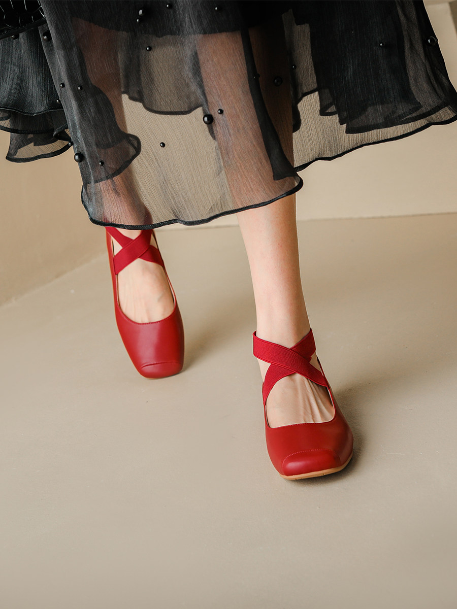 RED VINTAGE MARY JANE SHOES WOMENS FRENCH BALLET SHOES SQUARE TOE FLAT LEATHER WEAR STRAPPY BALLET SHOES SINGLE SHOES