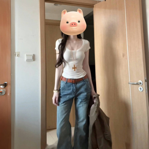夏辣妹短款正肩U领纯棉短袖T恤女
