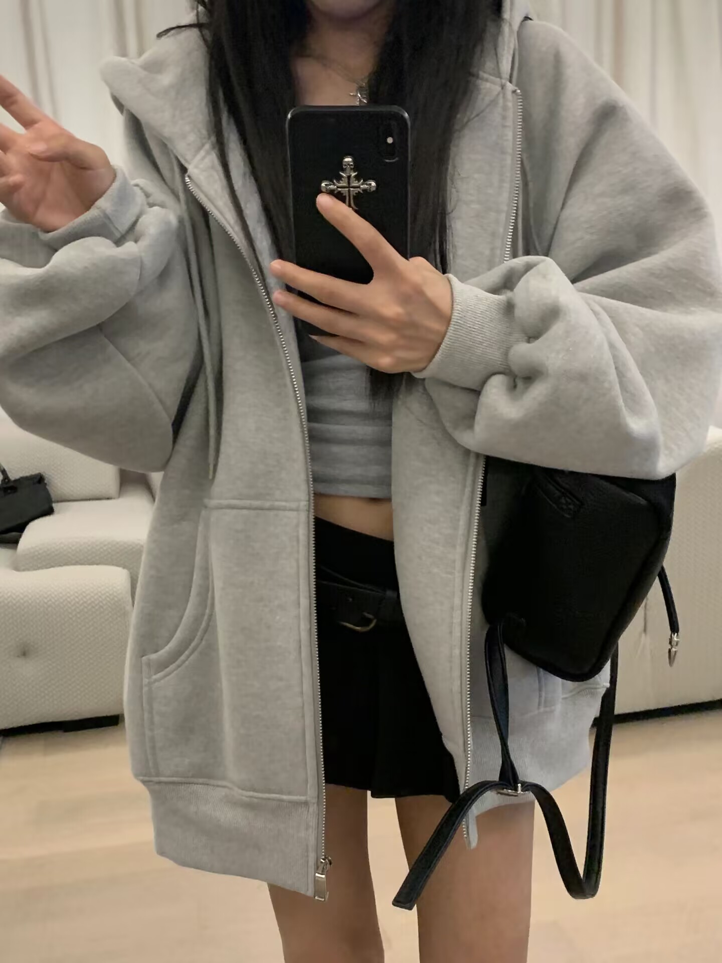 美式穿搭薄款运动卫衣女春秋oversize宽松大码连帽拉链开衫外套女