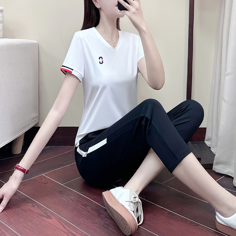 休闲运动套装女夏季款短袖七分裤女士跑步服时尚两件套0621d