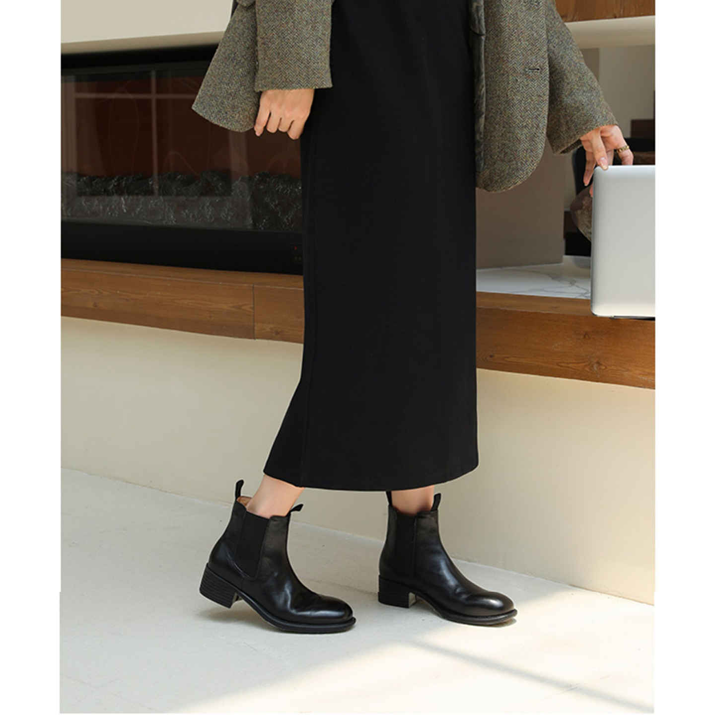 柔软切尔西靴粗跟超软水染牛皮