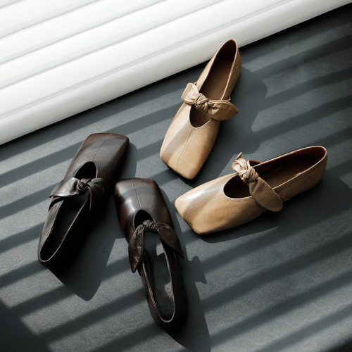 盛先生超软羊皮玛丽珍鞋女2026新款蝴蝶结浅口方头单鞋通勤平底鞋