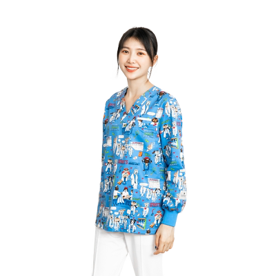 多恩儿童牙科医院工作服印花宠物美容医院手术服长袖母婴护理服