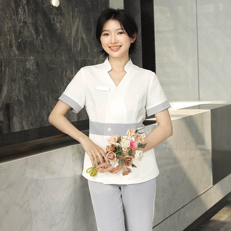美容院美容师工作服女高端白色皮肤管理师工作服气质V领短袖套装