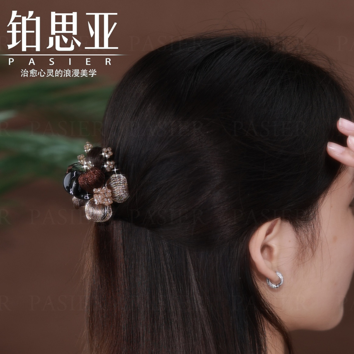 高端系列铜丝拉花新中式发夹小玫瑰 4公分小号抓夹后脑勺半扎发夹