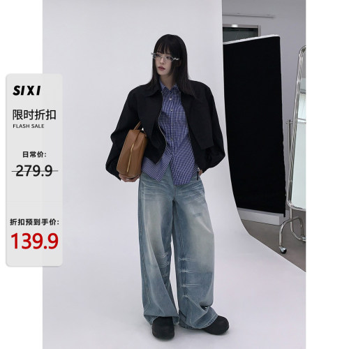 SIXI四喜家秋季 设计感假两件黑色夹克女宽松薄垫肩显瘦短外套