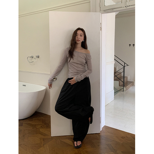 SIXI四喜家 斜肩两穿经线显瘦长袖T袖女秋修身时髦气质打底衫