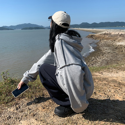 SIXI四喜家秋季 明线撞色/复古连帽卫衣女韩版宽松休闲外套上衣