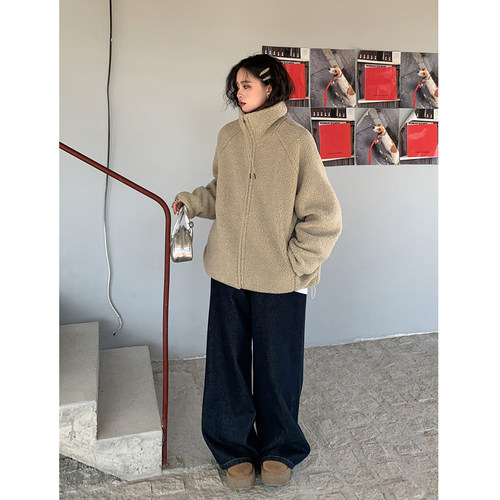 挪威冬日羊羔毛立领毛毛外套