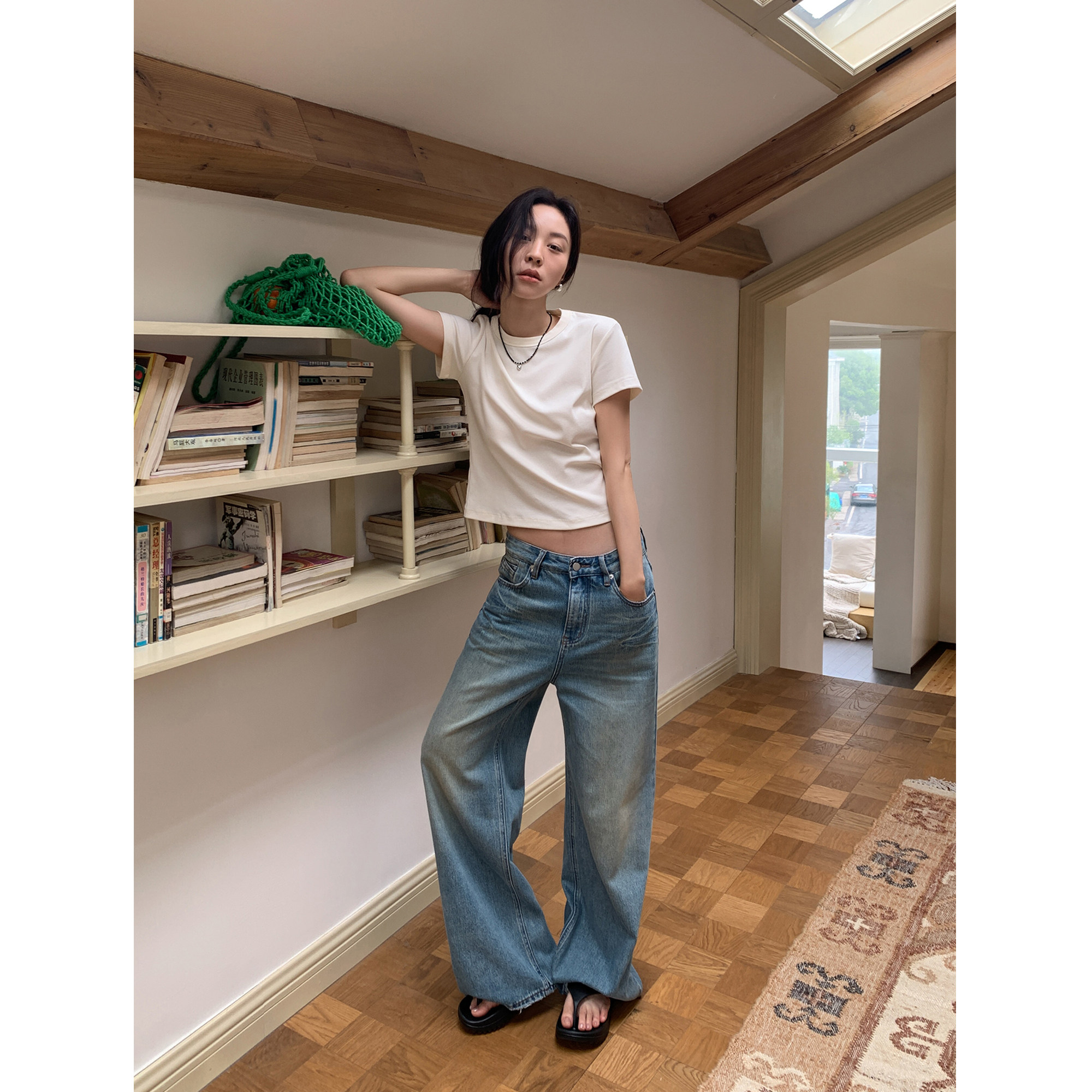 SIXI四喜家 万能搭 水洗复古做旧直筒牛仔裤女春夏韩版休闲阔腿裤