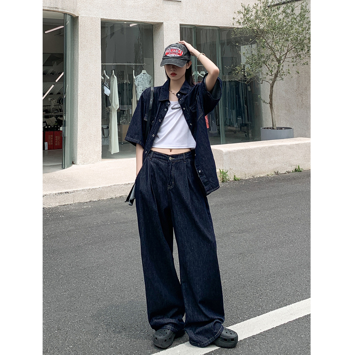 SIXI四喜家春夏 牛仔短袖衬衫阔腿长裤女宽松廓形vintage重工套装
