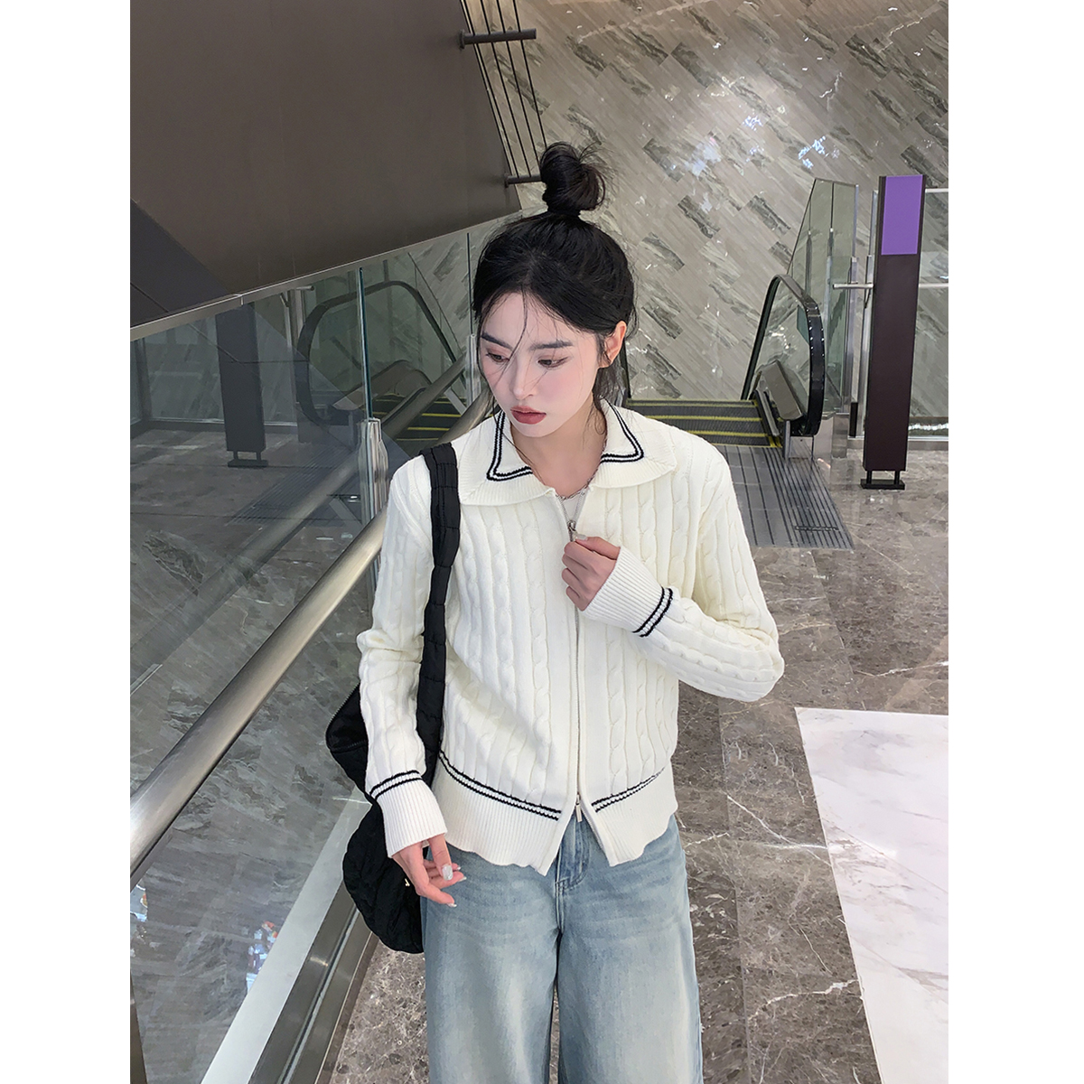 SIXI四喜家翻领撞条针织开衫