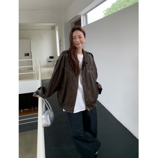 夹克上衣 复古翻领皮衣外套女秋冬巴恩风工装 SIXI四喜家 中古慢调