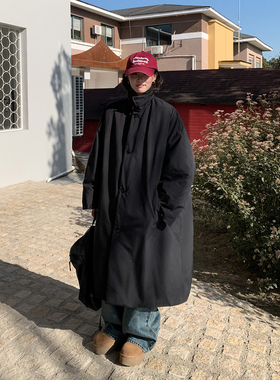 SIXI四喜家 首尔街头 黑色翻领棉服女秋冬中长款加厚棉衣休闲大衣