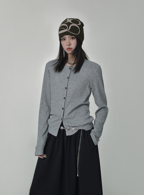 SIXI四喜家春季 复古千禧风肌理纹花灰色开衫女短款长袖打底衫