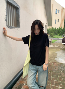 SIXI四喜家 ROW风T！半高领黑色短袖T恤女夏弹力超软轻薄透气上衣
