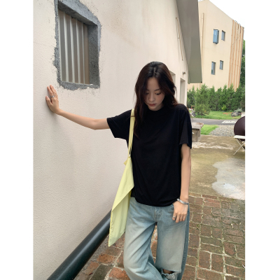 四喜家半高领黑色短袖超软T恤