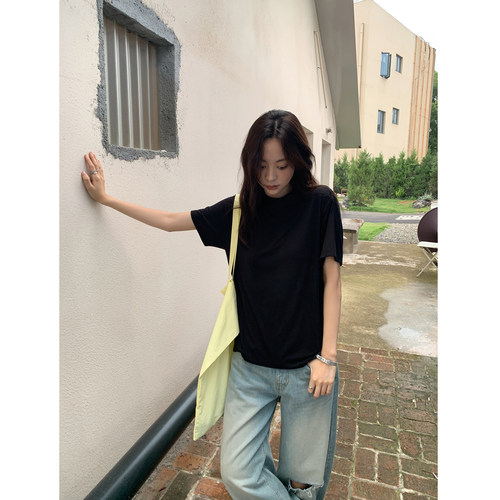 四喜家半高领黑色短袖超软T恤