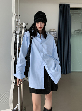 SIXI四喜家春季 简约蓝白衬衫女宽松经典叠穿基础长袖衬衣外套