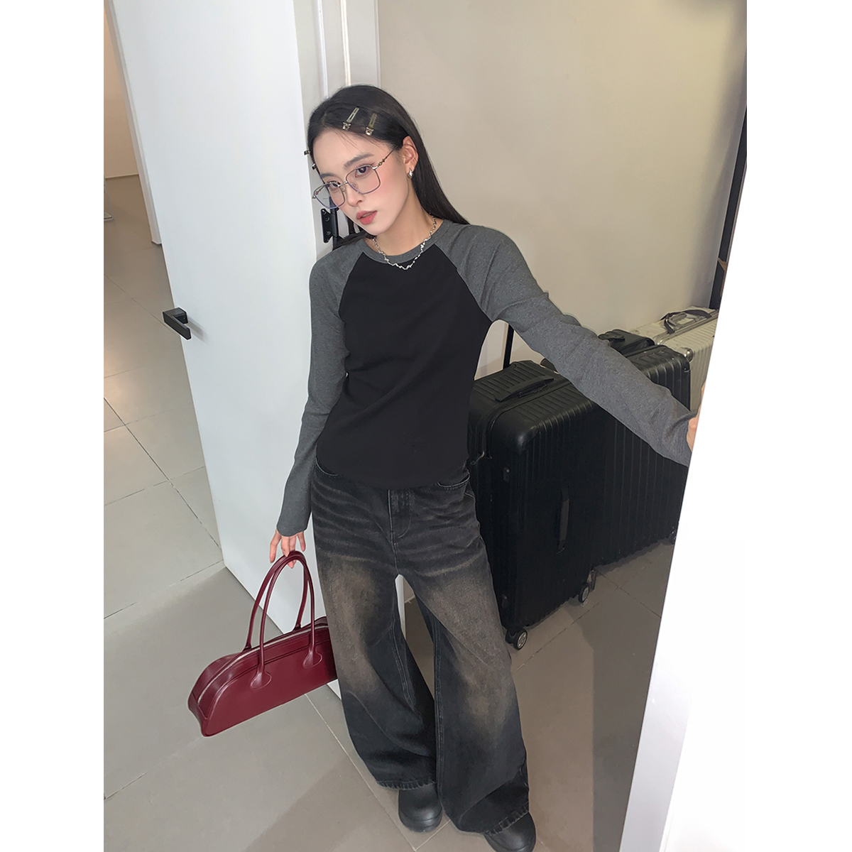 SIXI四喜家秋季 复古拼色插肩袖基础T恤女修身显瘦打底衫短款上衣