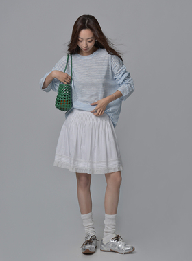 SIXI四喜家 Miu式美学 压褶白色蕾丝半身裙女夏宽松A字裙显瘦中裙