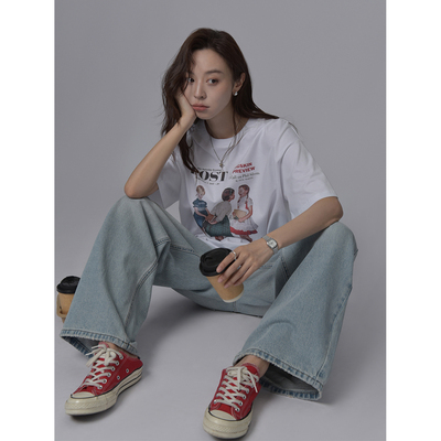 多巴胺撞色复古人像短袖T恤