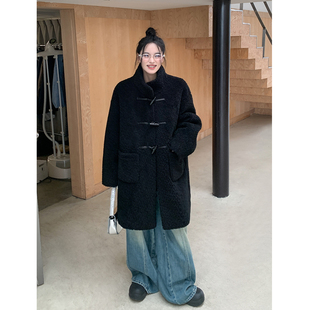 SIXI四喜家黑色羊羔毛皮草外套女秋冬中长款牛角扣加厚泰迪熊大衣