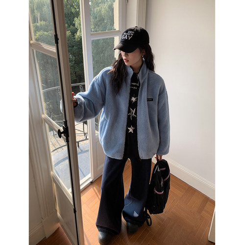 SIXI四喜家秋冬 立领撞色羊羔绒外套女宽松软糯摇粒绒气质上衣