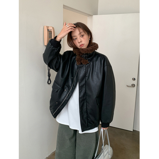 SIXI四喜家 巴黎街头 仿羊羔毛立领黑色皮衣外套女冬加厚保暖棉衣