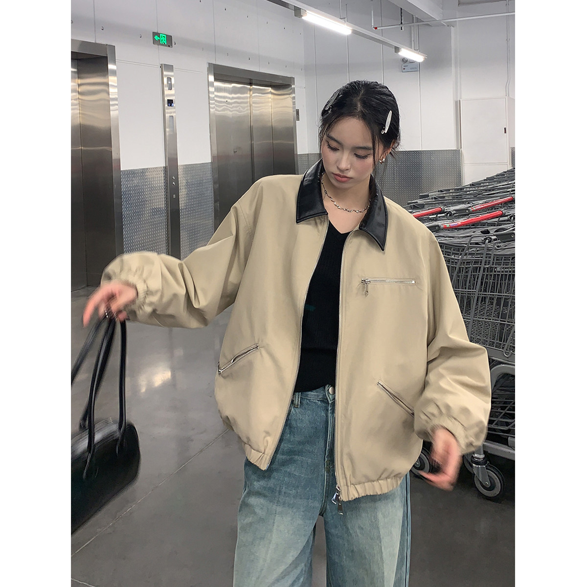 SIXI四喜家 老钱英伦风翻领拼皮工装夹克女秋冬休闲夹棉短款外套