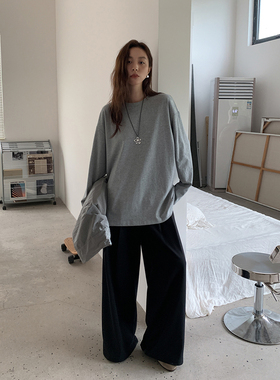 SIXI四喜家 基础主义 三色磨毛圆领长袖T恤女秋季宽松纯色上衣TEE