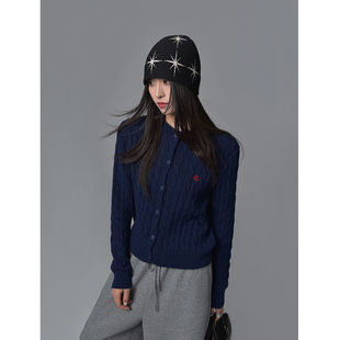 SIXI四喜家 美高校区 拉夫麻花针织开衫女春季纯色圆领毛衣外套