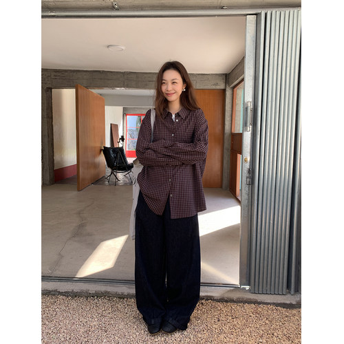 SIXI四喜家 布鲁克林街区 复古格纹长袖衬衫设计感小众衬衣女上衣