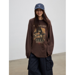 SIXI四喜家 莫斯科画报 复古吉他人像长袖T恤女宽松慵懒大版上衣