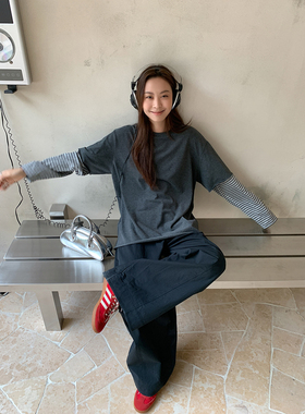 SIXI四喜家 miu系韵律感 条纹拼接长袖T恤女秋季宽松磨毛打底衫