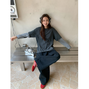 SIXI四喜家 miu系韵律感 条纹拼接长袖T恤女秋季宽松磨毛打底衫