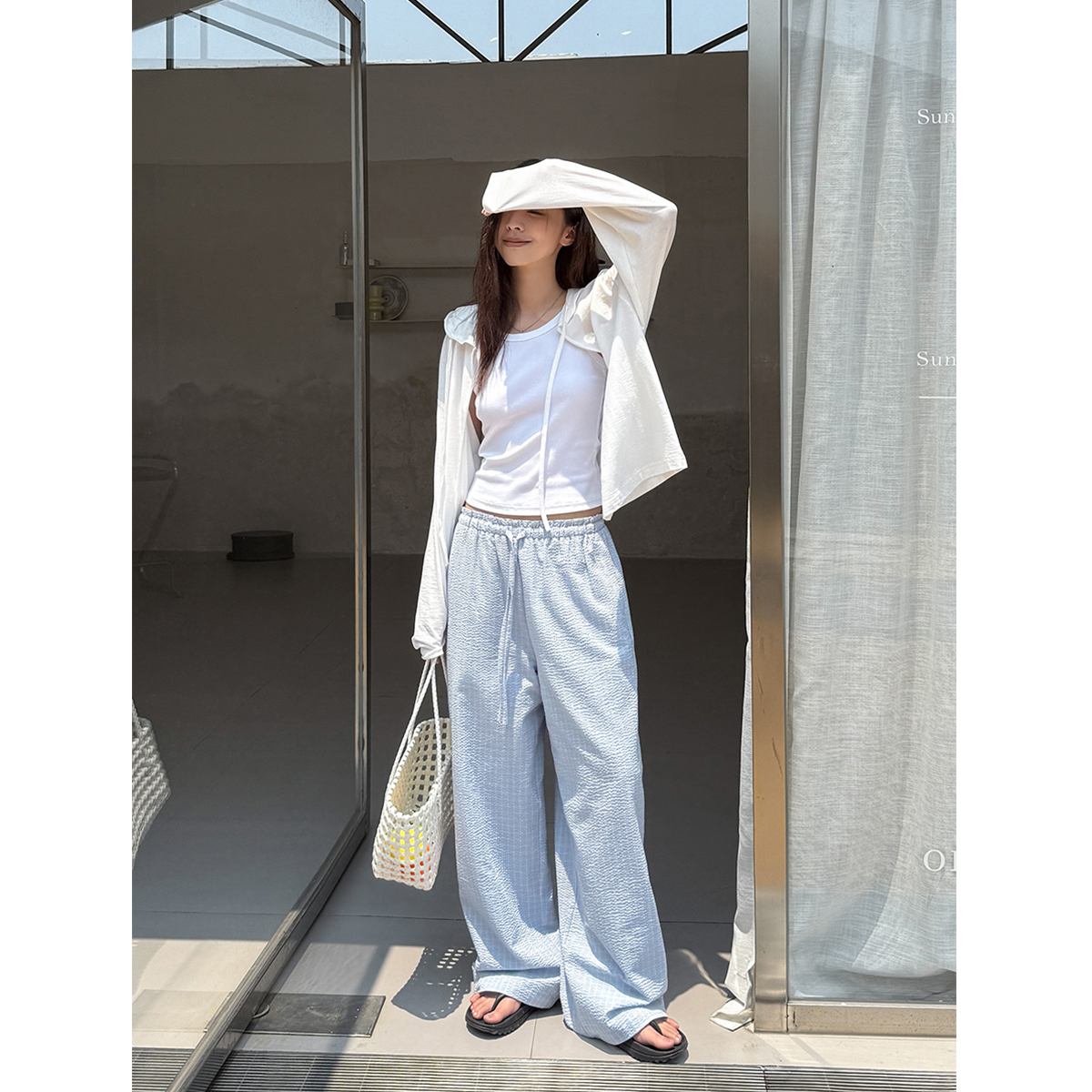 蓝色系绳阔腿休闲裤女夏慵懒直筒