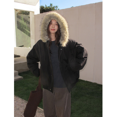 SIXI四喜家 柏林暖冬 毛领夹棉工装棉服外套女宽松保暖夹克棉衣