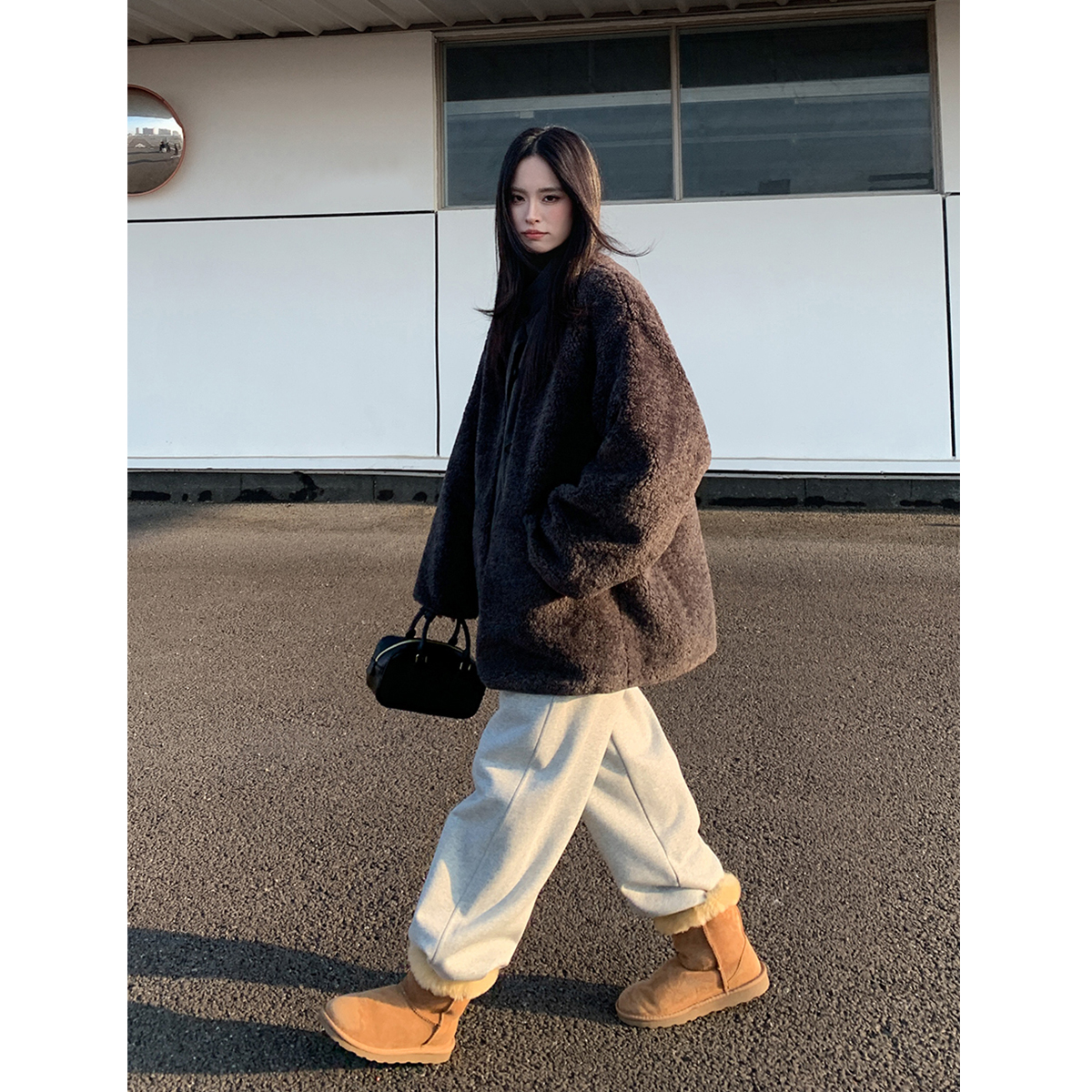 SIXI四喜家 精谧灰调 立领拼接羊羔毛外套女秋冬保暖棉服夹克上衣