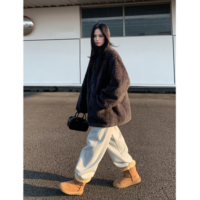 SIXI四喜家 精谧灰调 立领拼接羊羔毛外套女秋冬保暖棉服夹克上衣