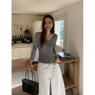SIXI四喜家 云柔迹莱赛尔长袖t恤女春夏前后两穿V领修身显瘦上衣