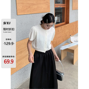 SIXI四喜家春夏 云朵泡芙 重工泡泡袖针织短袖T恤女法式短款上衣