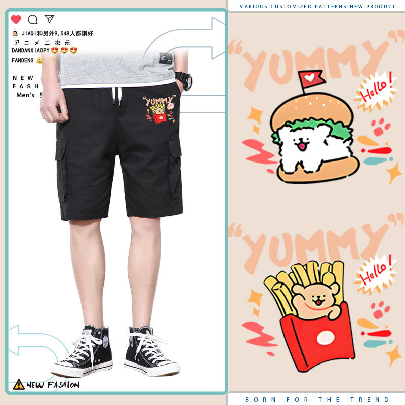 马尔济斯线条小狗日系高级感情侣工装裤子男夏季小众情侣短裤ne