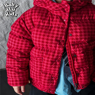 BabyaLu童装 男女童外套过年红灯芯绒千鸟格白鹅绒连帽羽绒服儿童