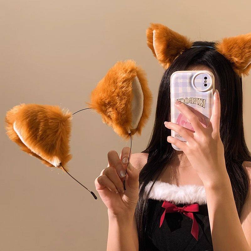 可爱咖色狐狸耳朵毛绒发箍cosplay女款洗脸化妆拍照道具发饰头箍.